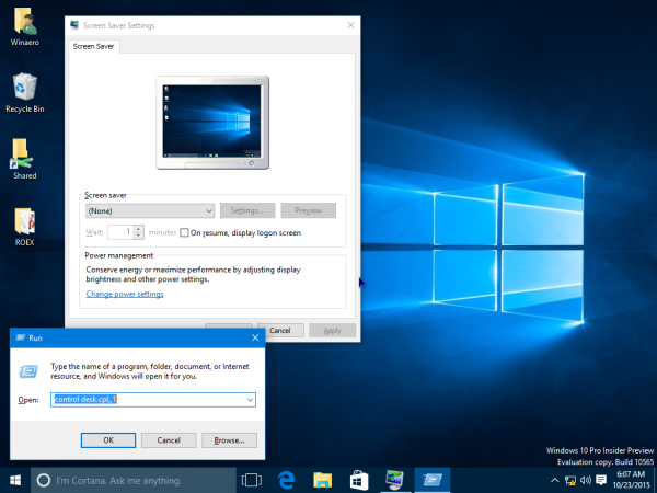 Crear acceso directo a opciones de protector de pantalla en Windows 10