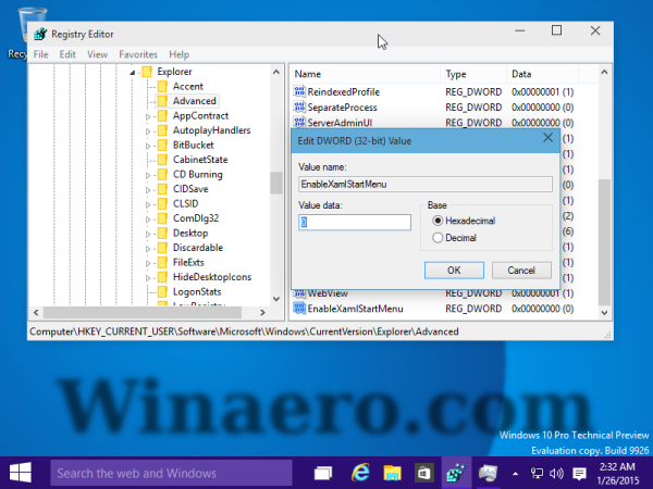 Preklopite med starim in novim menijem Start v sistemu Windows 10 build 9926