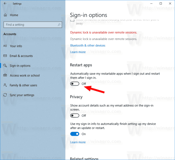 Изключете автоматично рестартиране на приложения след влизане в Windows 10