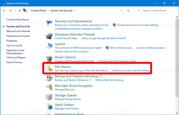 Crear acceso directo al historial de archivos en Windows 10
