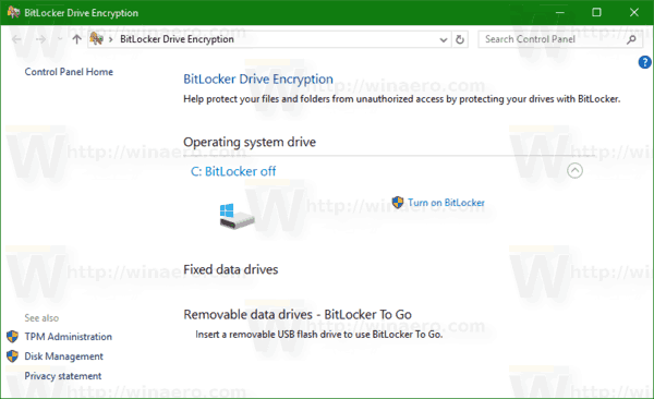 Pridajte vypnúť kontextovú ponuku BitLocker v systéme Windows 10