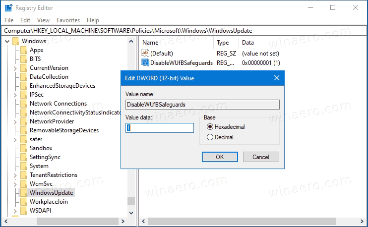 Windows 10에서 기능 업데이트 차단 보호 보류 비활성화