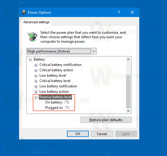 أضف احتياطي مستوى البطارية إلى خيارات الطاقة في Windows 10