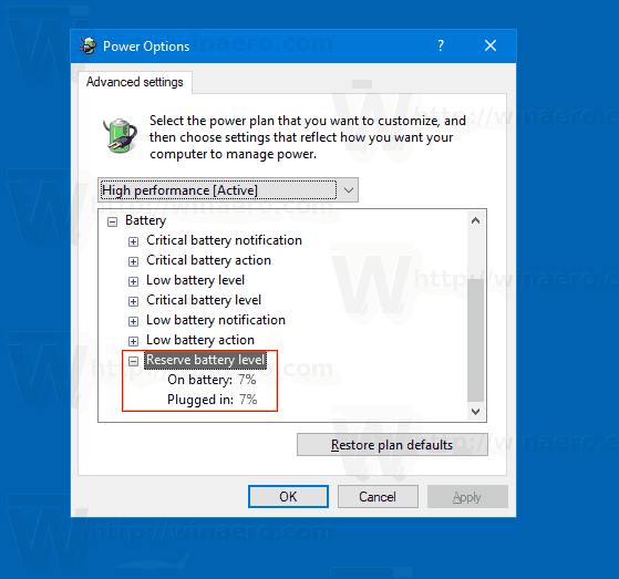 উইন্ডোজ 10-এ পাওয়ার বিকল্পগুলিতে রিজার্ভ ব্যাটারি স্তর যুক্ত করুন