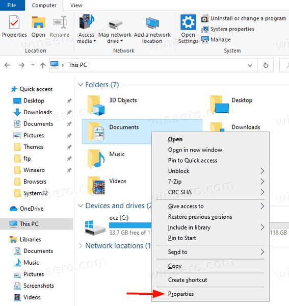 Endre mappmal i Windows 10