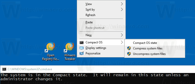 הוסף את תפריט ההקשר של CompactOS ב- Windows 10