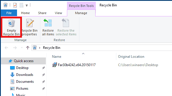 Tambahkan Menu Konteks Kosong Recycle Bin di Windows 10
