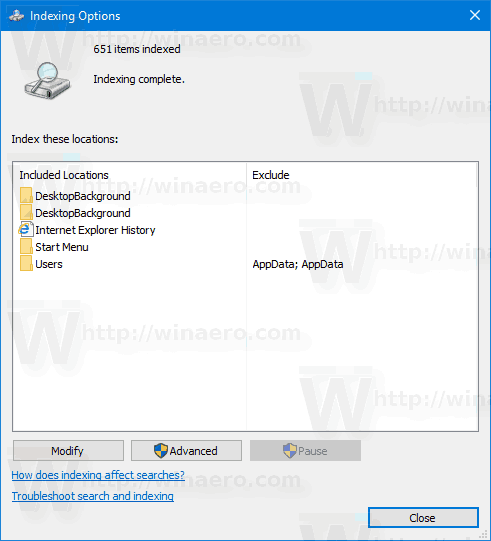 Indekseerimisvalikute otsetee loomine Windows 10-s