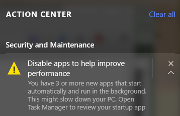 Désactiver la notification Désactiver les applications pour améliorer les performances dans Windows 10