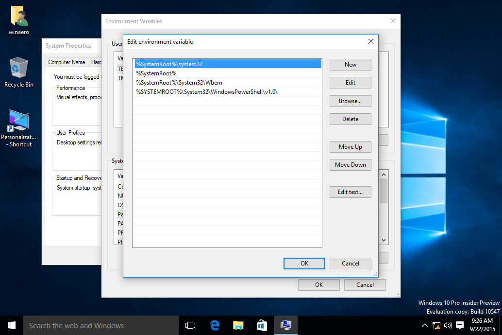 Stvorite prečac varijabli okruženja u sustavu Windows 10
