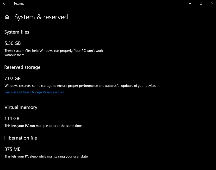 Finn reservert lagringsstørrelse i Windows 10