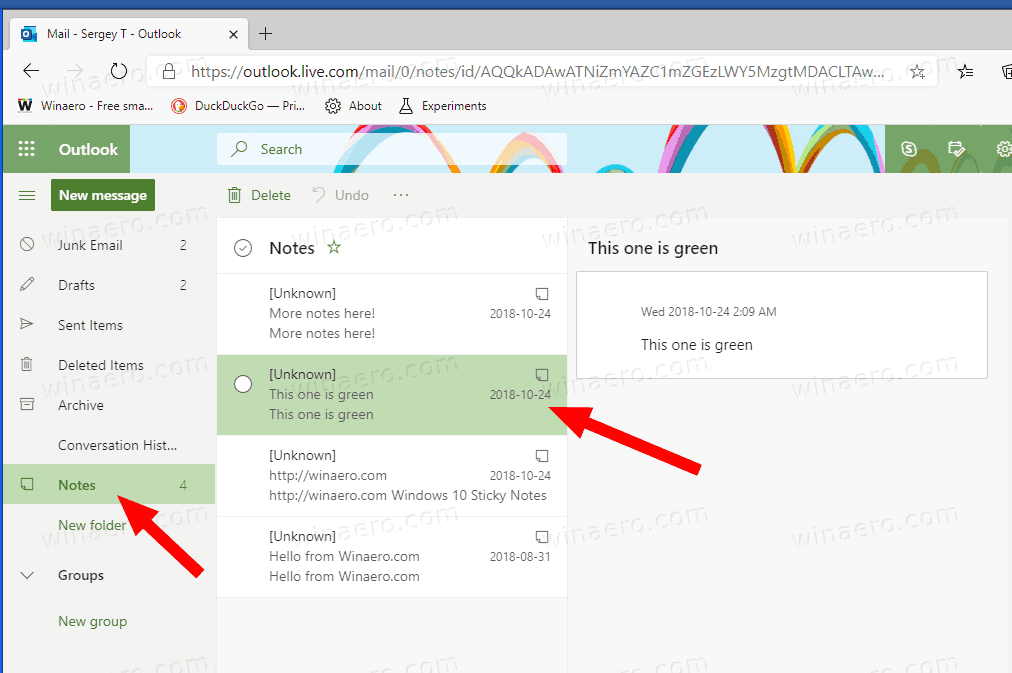 Ver, eliminar e imprimir notas rápidas de Windows 10 en Outlook.com