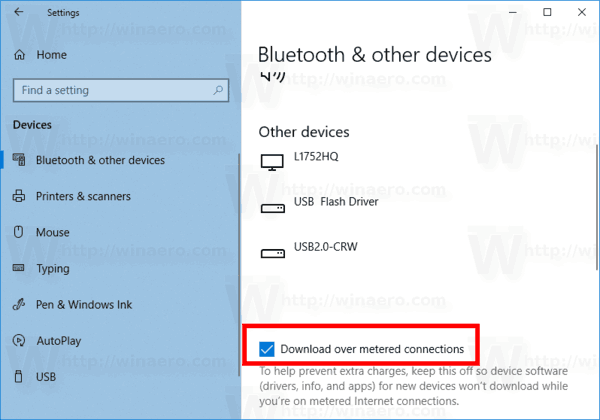 Tải xuống phần mềm thiết bị qua kết nối được đo trong Windows 10