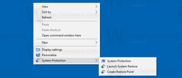 Windows 10에서 시스템 보호 컨텍스트 메뉴 추가