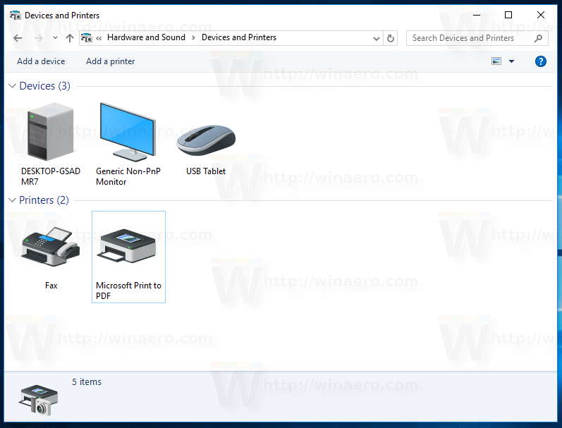 Windows 10에서 장치 및 프린터 바로 가기 만들기