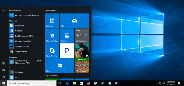 Ny startmeny Sökalternativ i Windows 10