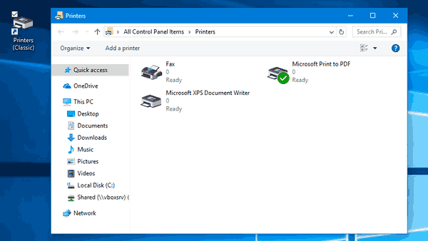 Créer un raccourci vers le dossier des imprimantes dans Windows 10