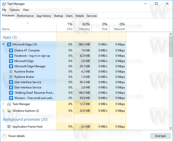 „Task Manager“ dabar grupuoja procesus pagal programą