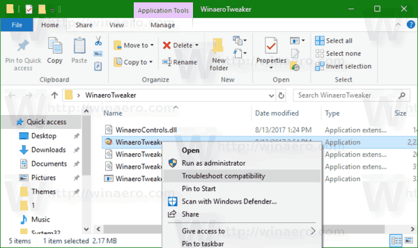 ลบ Troubleshoot Compatibility Context Menu ใน Windows 10