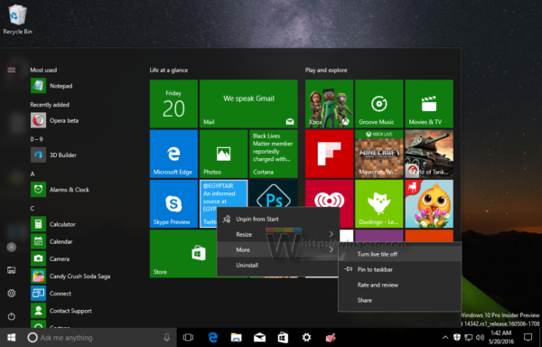 Schakel Live Tiles in één keer uit in het menu Start van Windows 10