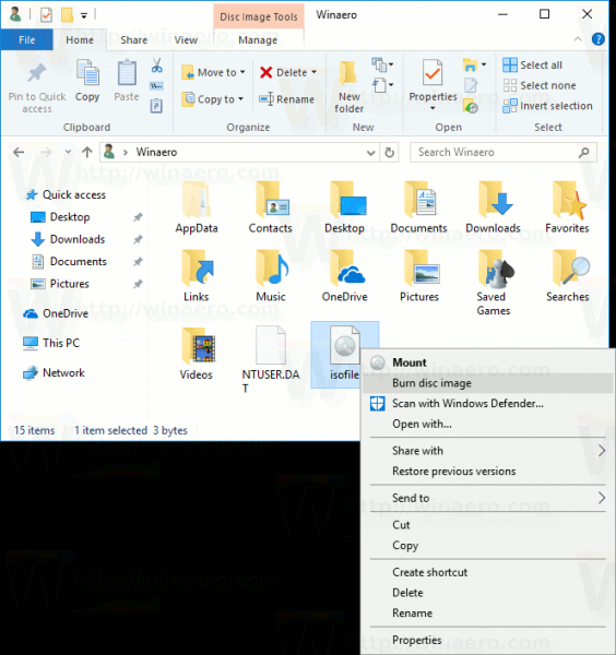 Entfernen Sie das Kontextmenü von Burn Disc Image in Windows 10