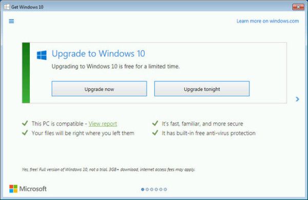 Tawaran peningkatan Windows 10 kini tidak mempunyai pilihan Batal