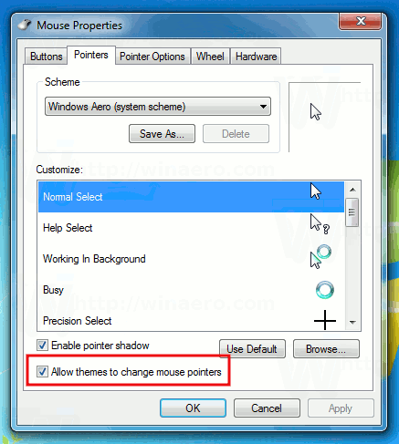Windows10テーマがマウスカーソルを変更しないようにする