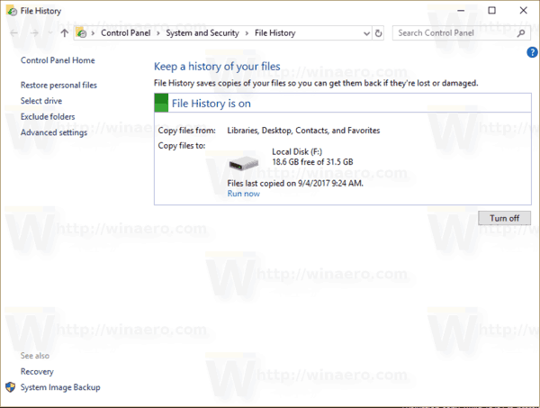 Schimbați Drive pentru Istoricul fișierelor în Windows 10