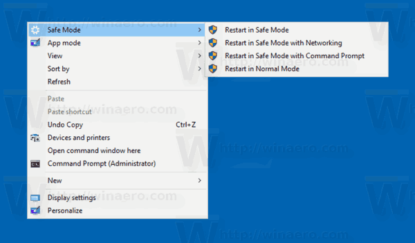 Aggiungi il menu contestuale della modalità provvisoria in Windows 10