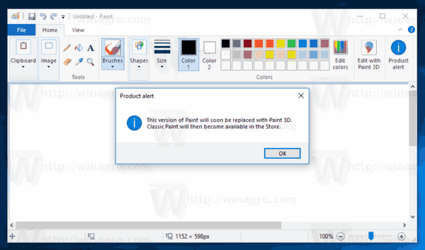 Verwijder de productwaarschuwingsknop uit Microsoft Paint