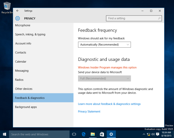 Windows 10 build 10525 heeft telemetrie gedwongen naar de volledige instelling