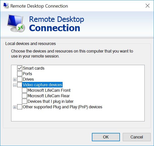 Windows 10 tillater omdirigering av videoopptaksenhet via RDP