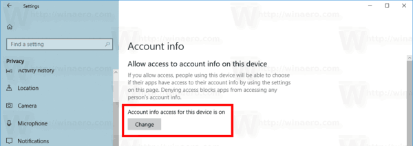 Onemogućite pristup aplikaciji informacijama o računu u sustavu Windows 10