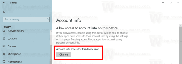 Disabilita l'accesso dell'app alle informazioni sull'account in Windows 10