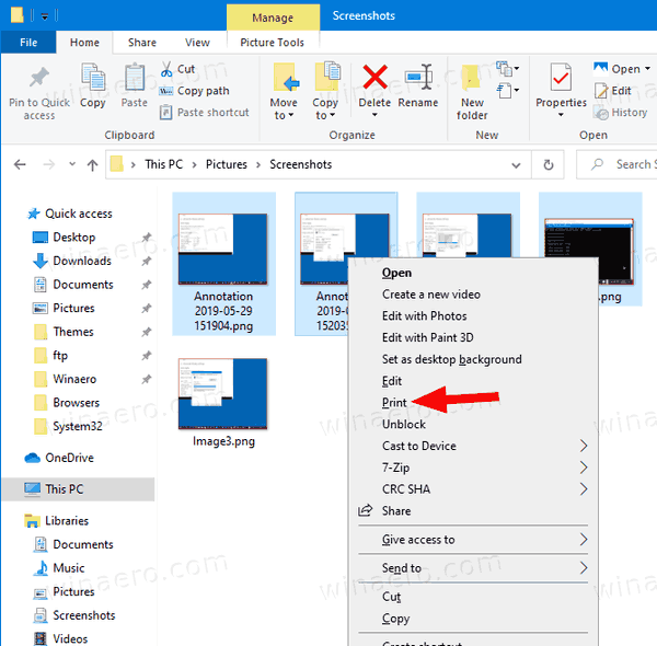Odstráňte kontextovú ponuku tlače v systéme Windows 10