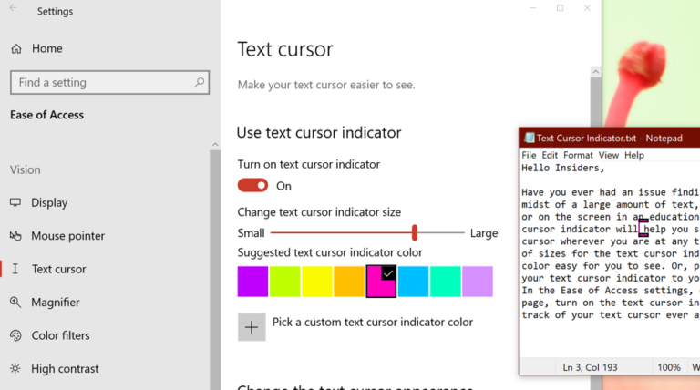 Alterar a cor do indicador do cursor de texto no Windows 10