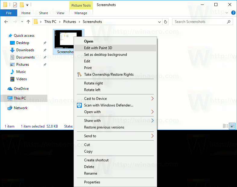 Supprimer Modifier avec Paint 3D du menu contextuel dans Windows 10