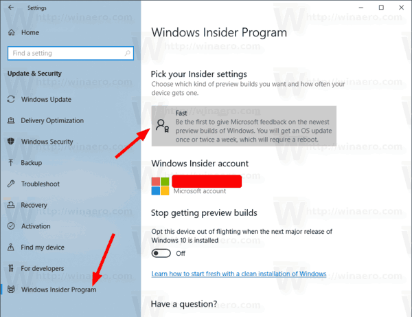 Изменить кольцо программы предварительной оценки в Windows 10