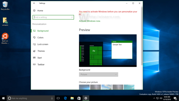 Cambia lo sfondo del desktop di Windows 10 senza attivazione