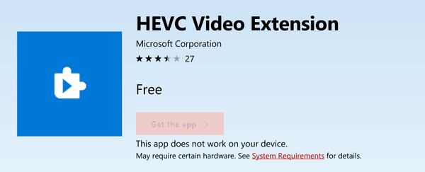 Obtenez HEVC Decoder pour Windows 10 Fall Creators Update