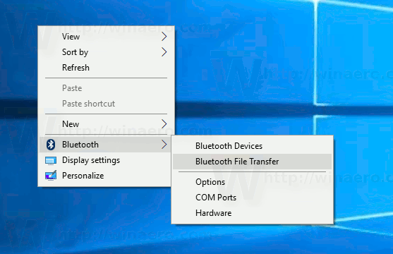 Ajouter le menu contextuel Bluetooth dans Windows 10