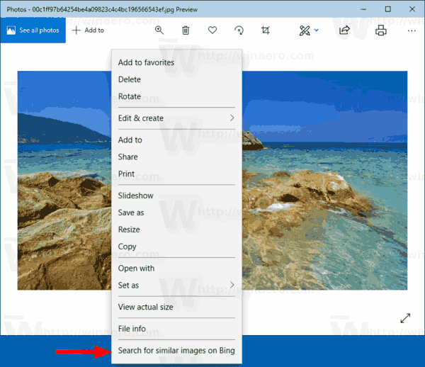 Ieškokite panašių vaizdų „Bing“ naudodami „Windows 10 Photos“ programą
