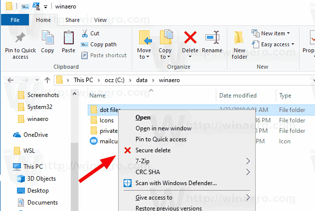 Afegiu el menú contextual d’eliminació segura a Windows 10