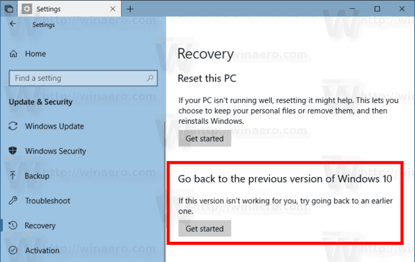 Odstranite možnost vrnitve na prejšnji sistem Windows 10 Build
