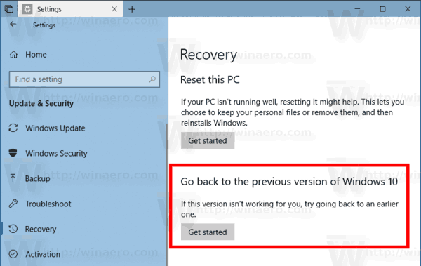Eliminar la capacidad de volver a la compilación anterior de Windows 10
