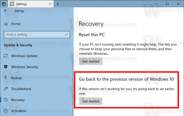 Alisin ang Kakayahang Bumalik sa Nakaraang Windows 10 Build