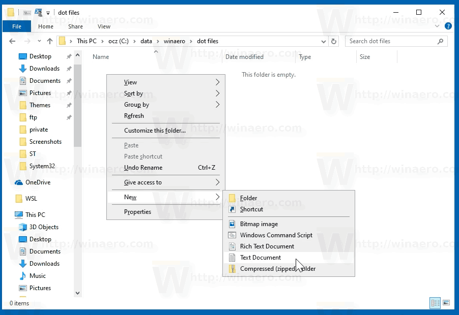 Puede crear y cambiar el nombre de archivos que comienzan con Dot en Windows 10