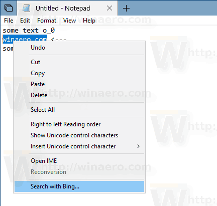 Rechercher avec Bing à partir du Bloc-notes dans Windows 10