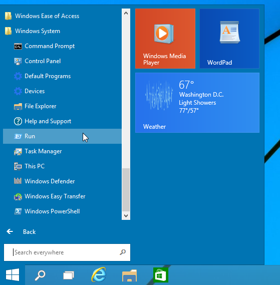 Legg til Kjør til Start-menyen i Windows 10 på venstre eller høyre side