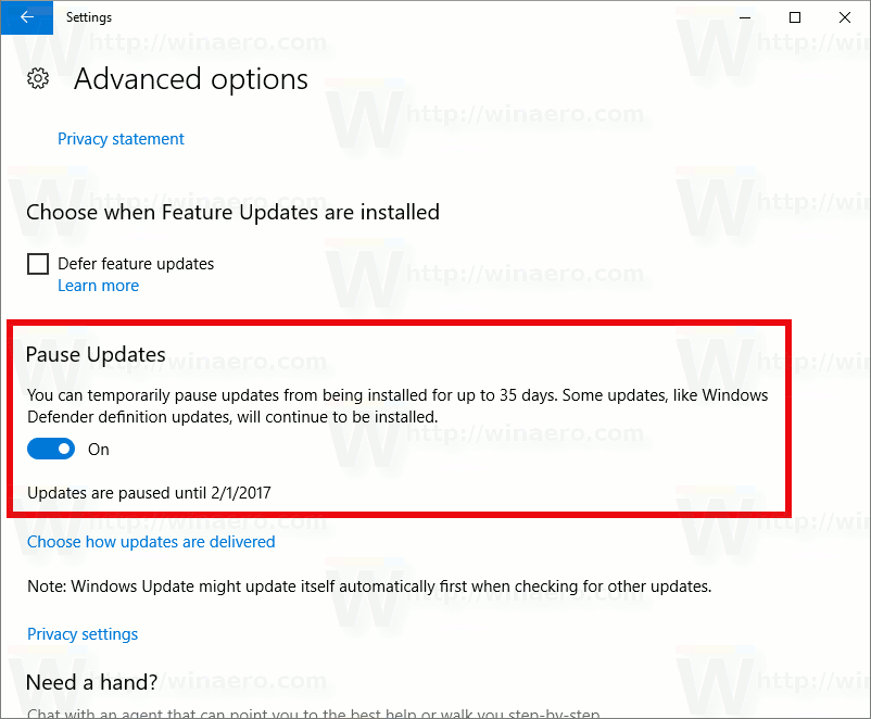 Restreindre l'accès à la fonctionnalité de mise en pause des mises à jour dans Windows 10